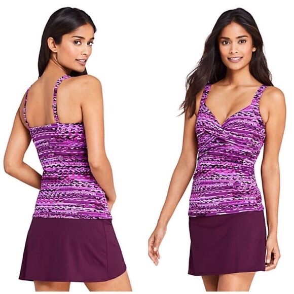 Land’s End V Wrap underwire Tankini Top adjustable straps plum print size 8 - Picture 2 of 2